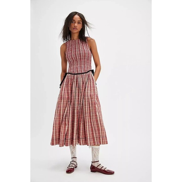 Free People Nightingale Plaid Tank Midi Dress Smocked Gingham Printed L 279299 - Picture 1 of 12